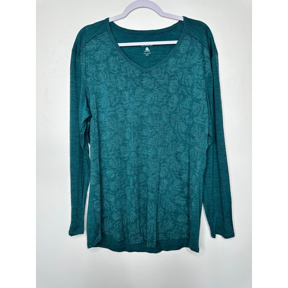 Segments Merino Wool Base Layer Top XXL Teal Green Leaf Print Long Sleeve